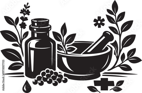 Minimalist Black Monochrome Illustration of Homeopathy Concept with Herbal Leaves Mortar Pestle and Apothecary Vial