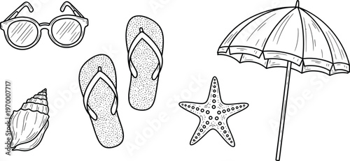 Beach accessories set with sunglasses flipflops umbrella starfish shell illustration
