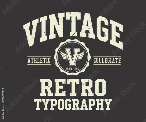 Vintage Retro Typography Athletic Graphic - Collegiate Varsity Style T-Shirt Design with Winged Letter V Emblem - Est. 1995 Distressed Sports Apparel Illustration on Dark Background