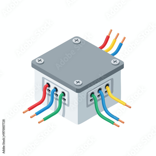 Gray electrical junction box with multiple colored wires entering/exiting