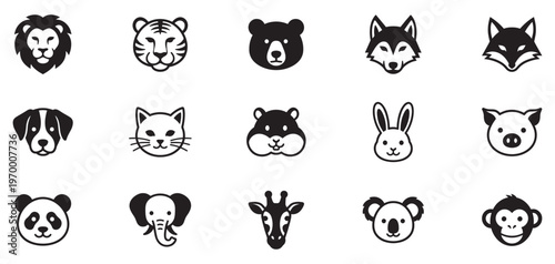 Animal faces icon set. Lion, tiger, bear, wolf, fox, dog, cat, rabbit, pig, panda, monkey, koala, elephant, giraffe and hamster faces icons. Vector Illustration. EPS 10