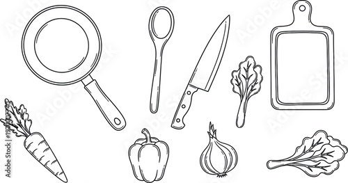 Kitchen utensils set with pan knife spoon vegetables chopping board illustration