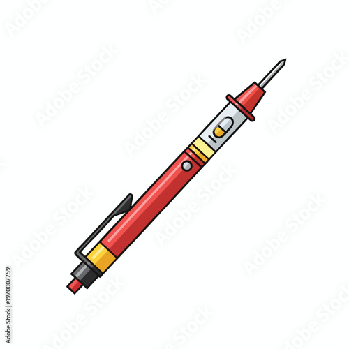 Red pen-shaped electrical tester with metallic tip and indicator