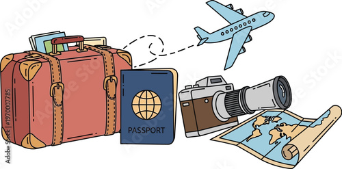 Travel essentials set with suitcase passport airplane camera map illustration