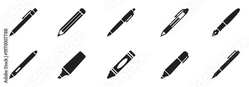 Writing instruments pens and pencils black icon collection. Vector Illustration. EPS 10