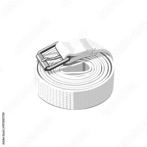 A white fabric belt rolled into a coil, with a metallic buckle and textured detail