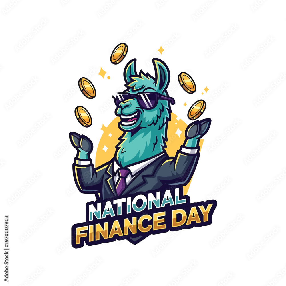 Fototapeta premium Llama in sunglasses in a suit celebrating National Finance Day with coins