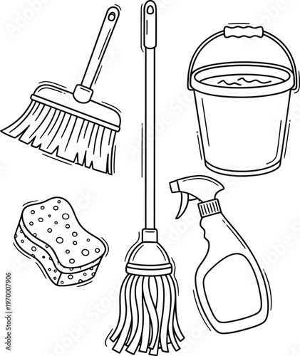 Cleaning supplies set with broom bucket mop sponge spray illustration