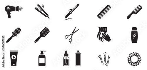 Professional hair salon tools and beauty care accessories icon set. Vector Illustration. EPS 10