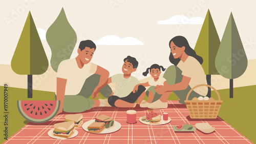 Family enjoying a picnic lunch outdoors with sandwiches and watermelon