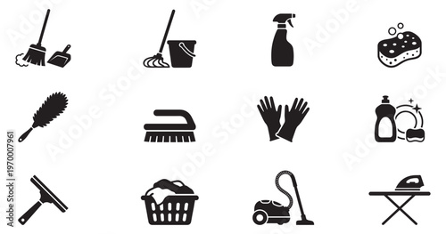 Cleaning icon set. Vector icons for sanitation and cleaning supplies. Household cleaning tools and equipment icon set. Vector illustration. EPS 10