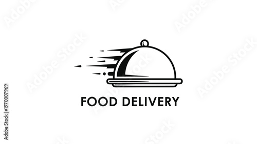 Stylized black and white food delivery logo featuring a traditional restaurant cloche moving at high speed with motion lines.