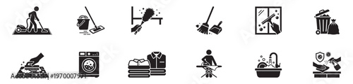 Cleaning icon set. Vector icons for sanitation and cleaning supplies. Household cleaning tools and equipment icon set. Vector illustration. EPS 10