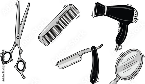 Hair styling tools set with scissors comb razor dryer mirror illustration