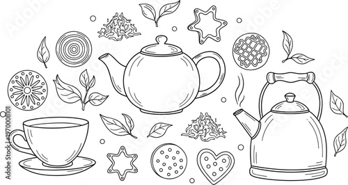 Tea time collection with teapot cup kettle herbs cookies illustration