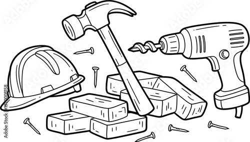 Construction tools set with hammer drill helmet bricks nails illustration