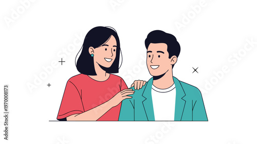 Charming vector illustration of a young happy couple smiling at each other with the woman placing her hand on the man's shoulder.