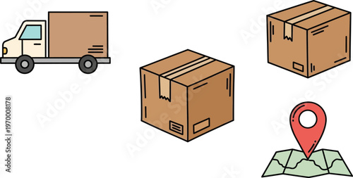 Delivery logistics concept with truck boxes package shipping location illustration