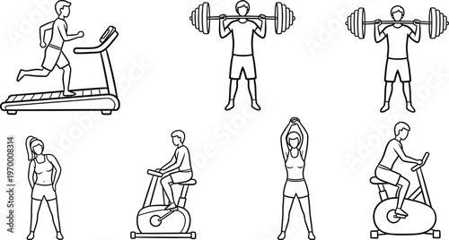 Fitness workout collection with gym exercises treadmill cycling stretching training