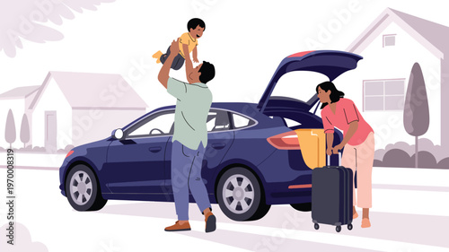 Father lifts the child near the car with the open trunk and the woman with a suitcase, family, mother, baby