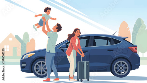 Father lifts the child in the air beside the mother with a suitcase and a blue car family