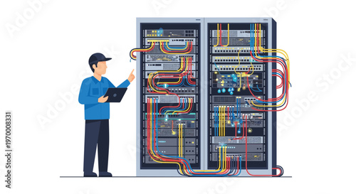 A male technician stands and points at a server rack filled with glowing, colorful cables while holding a tablet on a white background.