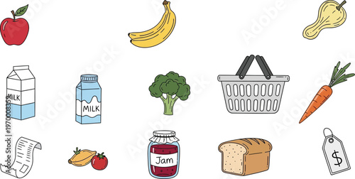 Collection of Fresh Produce, Dairy, and Bakery Items for a Healthy Lifestyle and Grocery Shopping