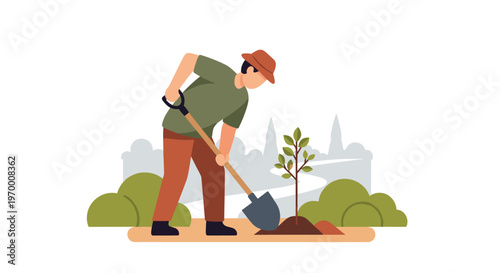 A male gardener digs a hole with a shovel next to a small sapling in an outdoor park setting.