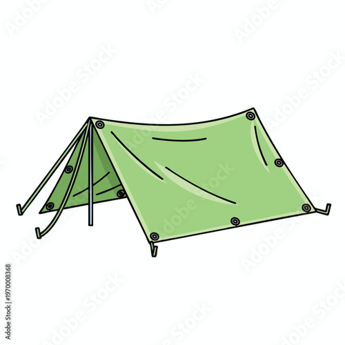 A simple green tent with poles, guy lines, and tie-down loops for outdoor adventures