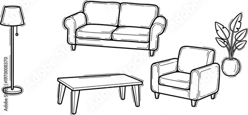 Simple line art drawing of a living room setup including a sofa, armchair, coffee table, and floor lamp