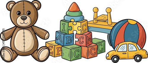 A collection of colorful children's toys including a teddy bear, building blocks, and a toy car