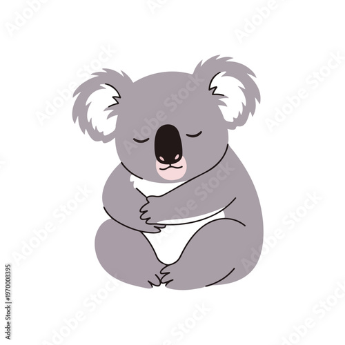 A cute cartoon koala sitting cross-legged with its eyes closed and arms wrapped around its body on a white background.