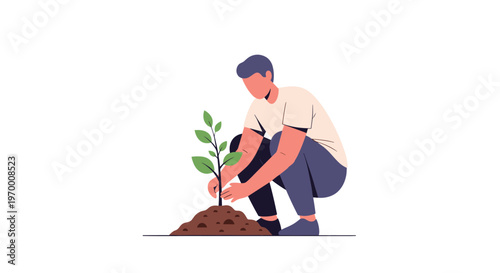 A male figure crouches to tend a small green sapling planted in a mound of soil on a plain white background.