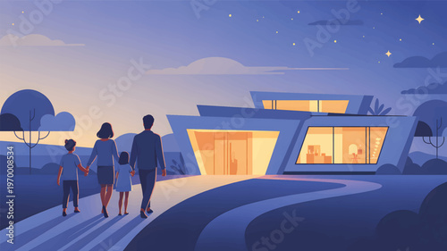Family walking towards a modern house at dusk with a starry sky, parents and children holding hands