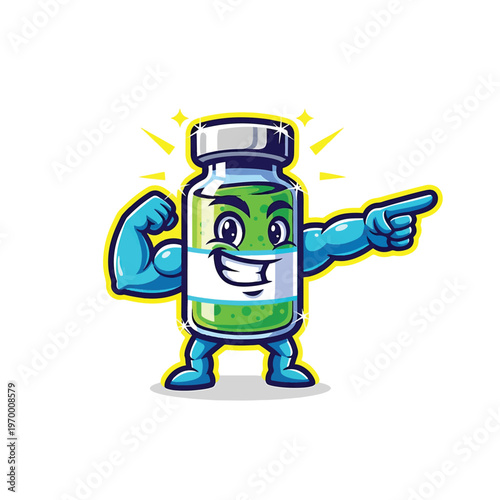 Cartoon vaccine vial mascot flexing bicep and pointing