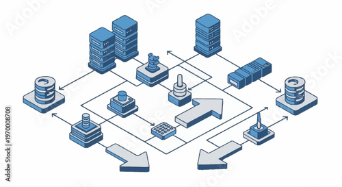 A blue isometric flowchart illustrating data transfer.