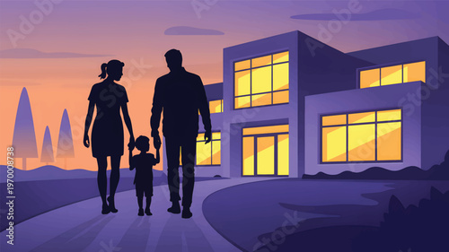 Family walking towards a modern house at sunset with a purple and orange sky, parents, and a child