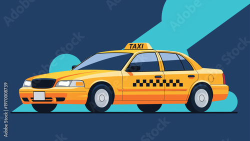 Classic yellow New York style taxi cab illustration positioned against a dark blue background with abstract geometric shapes.