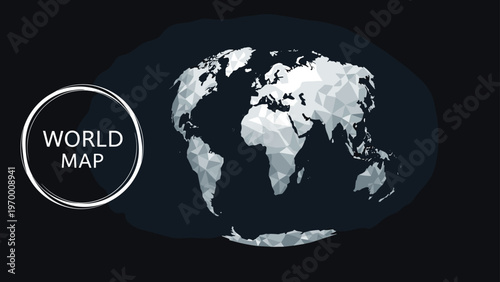 Creative world map design in a modern low poly style with triangular facets on a dark background for global business concepts.