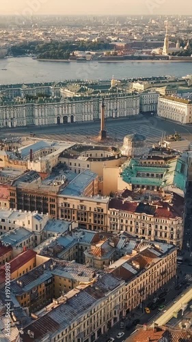 Aerial View of Palace Square and Winter Palace in Saint Petersburg. Vertical video