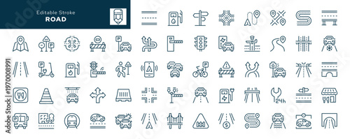 Road. Set of outline icons.Transport, car, highway, traffic light, gas station, intersection, barrier, parking, navigation and more. Line icon in linear style. Vector collection	

