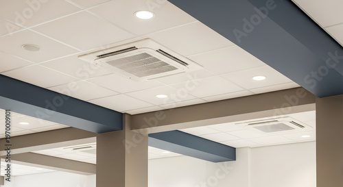 Modern Commercial Office Ceiling with Cassette Air Conditioning Unit and Recessed Lighting for HVAC and Interior Design Concepts