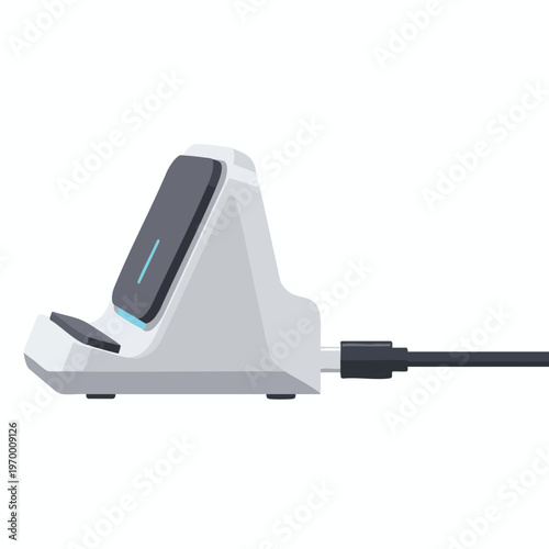 Sleek, futuristic charging dock with a blue indicator light and connected cable