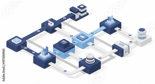 An infographic depicting a complex system with interconnected blue and white components.