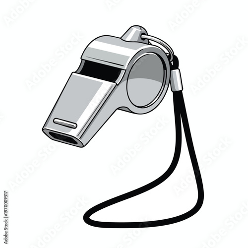 A silver whistle with a black lanyard hangs against a white background