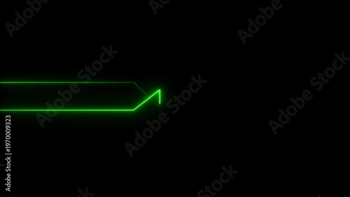 Futuristic green neon glowing line forming abstract arrow symbol on black background neon light