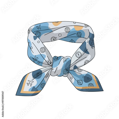 A knotted, light blue scarf with a travel-themed pattern, featuring planes, globes, and compasses