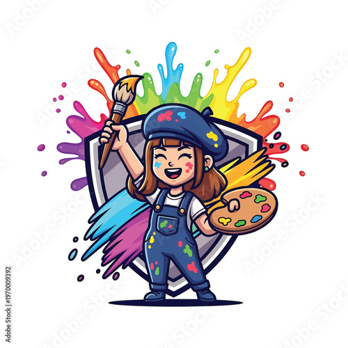 Young Painter Girl with Palette and Brush in Front of Shield and Colorful Splash