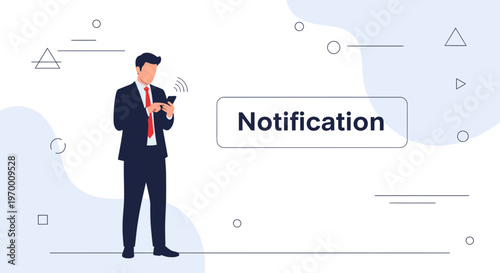 Businessman checking phone for notification, modern flat design with abstract shapes