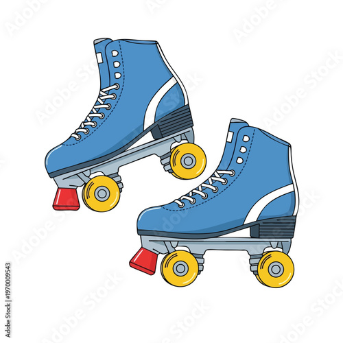 Two blue quad roller skates with yellow wheels and red toe stops